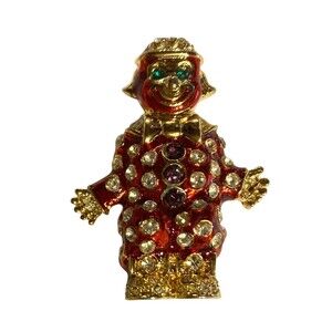 Vintage Clown‎ Red Enamel Multi-Colored Rhinestone Gold Tone Brooch Circus